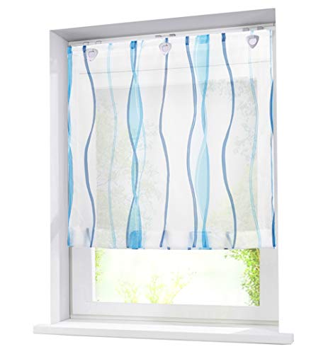 Voile Raffrollo mit Wellen Druck Design Rollos Schlaufen Transparent Vorhang (BxH 100x140cm, Blau mit U-Haken) von BAILEY JO