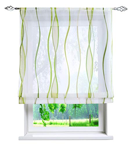 Voile Raffrollo mit Wellen Druck Design Rollos Schlaufen Transparent Vorhang (BxH 100x140cm, Grün mit Tunnelzug) von BAILEY JO