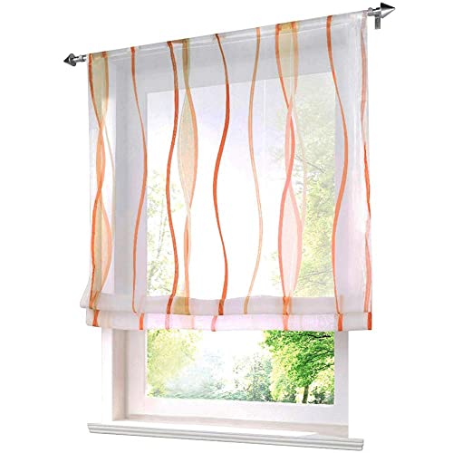Voile Raffrollo mit Wellen Druck Design Rollos Schlaufen Transparent Vorhang (BxH 100x140cm, Orange mit Tunnelzug) von BAILEY JO