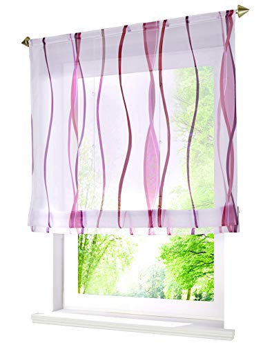 Voile Raffrollo mit Wellen Druck Design Rollos Schlaufen Transparent Vorhang (BxH 100x140cm, Violett mit Tunnelzug) von BAILEY JO