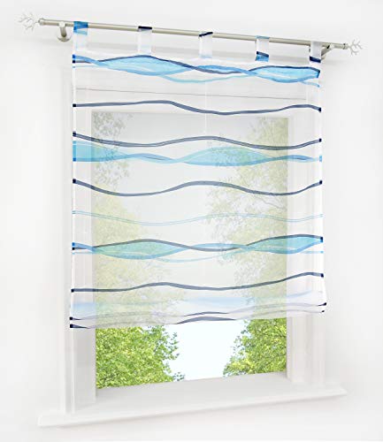 Voile Raffrollo mit Wellen Druck Design Rollos Schlaufen Transparent Vorhang (BxH 120x140cm, Blau1 mit Schlaufen) von BAILEY JO