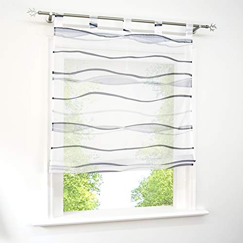 Voile Raffrollo mit Wellen Druck Design Rollos Schlaufen Transparent Vorhang (BxH 120x140cm, Grau1 mit Schlaufen) von BAILEY JO