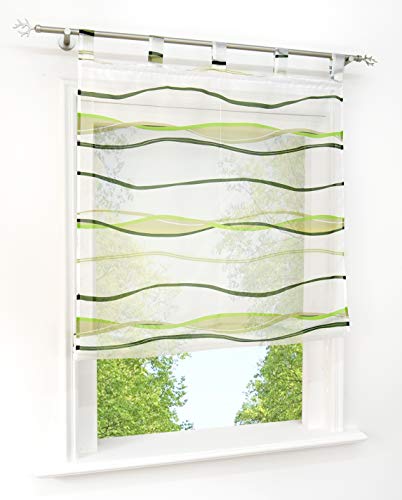 Voile Raffrollo mit Wellen Druck Design Rollos Schlaufen Transparent Vorhang (BxH 120x140cm, Grün1 mit Schlaufen) von BAILEY JO