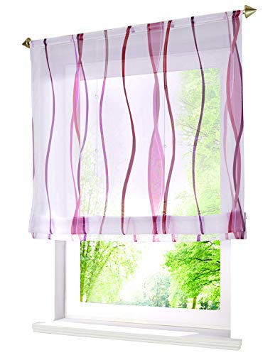 Voile Raffrollo mit Wellen Druck Design Rollos Schlaufen Transparent Vorhang (BxH 120x140cm, Violett mit Tunnelzug) von BAILEY JO