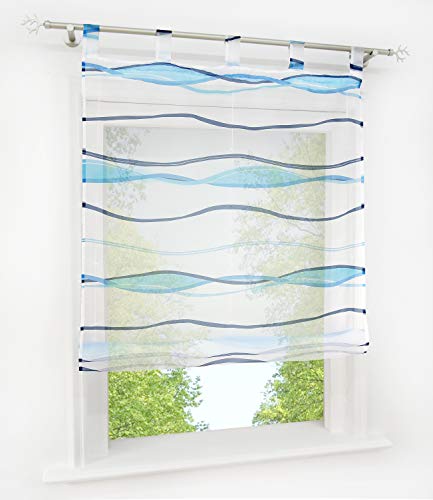 Voile Raffrollo mit Wellen Druck Design Rollos Schlaufen Transparent Vorhang (BxH 140x140cm, Blau1 mit Schlaufen) von BAILEY JO