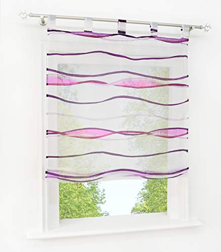Voile Raffrollo mit Wellen Druck Design Rollos Schlaufen Transparent Vorhang (BxH 140x140cm, Violett1 mit Schlaufen) von BAILEY JO