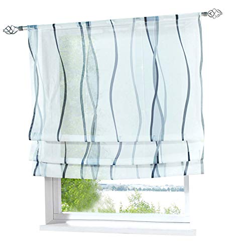 Voile Raffrollo mit Wellen Druck Design Rollos Schlaufen Transparent Vorhang (BxH 60x140cm, Grau mit Tunnelzug) von BAILEY JO