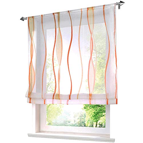 Voile Raffrollo mit Wellen Druck Design Rollos Schlaufen Transparent Vorhang (BxH 60x140cm, Orange mit Tunnelzug) von BAILEY JO