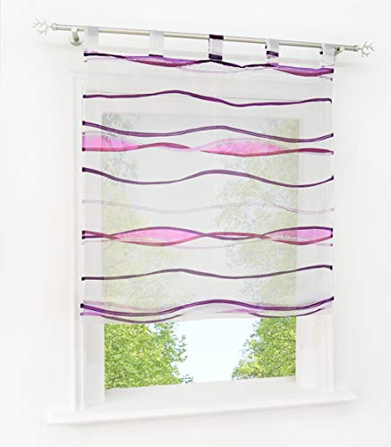 Voile Raffrollo mit Wellen Druck Design Rollos Schlaufen Transparent Vorhang (BxH 80x140cm, Violett1 mit Schlaufen) von BAILEY JO