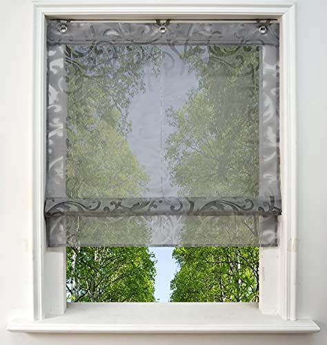 Ösenrollo Voile Transparenter Raffrollo ohne Bohren mit Ausbrennerqualität Fenster Gardine mit Hakenaufhängung Schals (Grau, BxH 120x130cm) von BAILEY JO