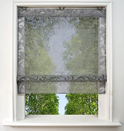 Ösenrollo Voile Transparenter Raffrollo ohne Bohren mit Ausbrennerqualität Fenster Gardine mit Hakenaufhängung Schals (Grau, BxH 80x130cm) von BAILEY JO