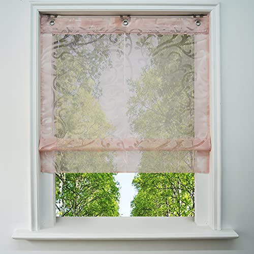 Ösenrollo Voile Transparenter Raffrollo ohne Bohren mit Ausbrennerqualität Fenster Gardine mit Hakenaufhängung Schals (Pink, BxH 45x130cm) von BAILEY JO