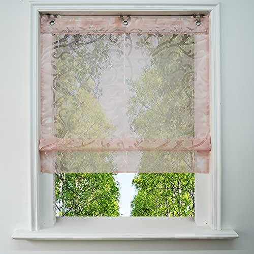 Ösenrollo Voile Transparenter Raffrollo ohne Bohren mit Ausbrennerqualität Fenster Gardine mit Hakenaufhängung Schals (Pink, BxH 45x130cm) von BAILEY JO