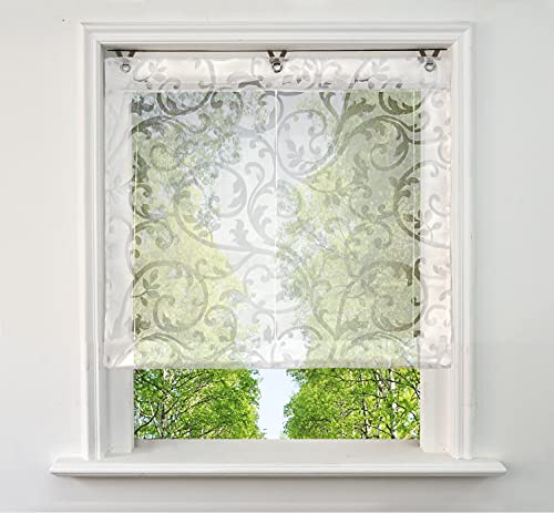 Ösenrollo Voile Transparenter Raffrollo ohne Bohren mit Ausbrennerqualität Fenster Gardine mit Hakenaufhängung Schals (Weiß, BxH 100x130cm) von BAILEY JO