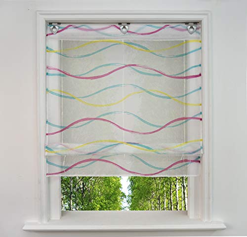 Ösenrollo mit Wellen Druck Design Raffrollo Voile Transparent Raffgardine mit U-Haken (BxH 100x130cm, Bunt Blau) von BAILEY JO