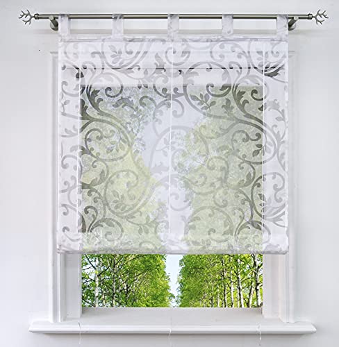 Raffrollo mit Ausbrenner Design Fenster Gardine Voile Raffgardinen mit Schlaufen (Weiß, BxH 100x150cm) von BAILEY JO