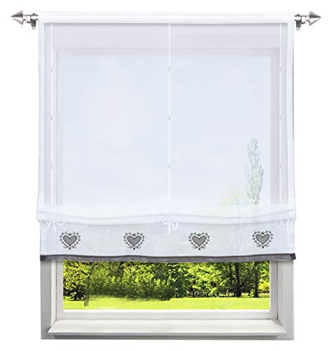 Raffrollo mit Herz Muster Rollos Stickerei Transparent Voile Vorhang (BxH 60x155cm, Grau mit Tunnelzug) von BAILEY JO