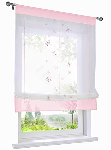 Raffrollo mit Schmetterling Bestickt Gardine Tunnelzug Transparent Voile Vorhang (BxH 60x120cm, Pink) von BAILEY JO