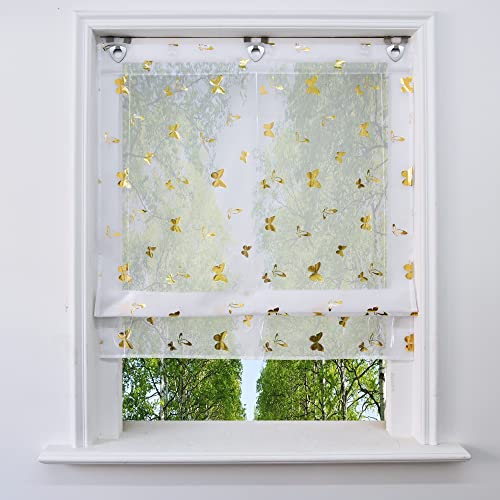 Voile Raffrollo mit Silber Heißprägen Design Raffgardine Transparent Ösenrollo Fenster Vorhang (BxH 100x130cm, Gold Schmetterling) von BAILEY JO