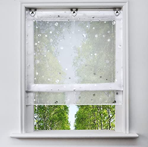 Voile Raffrollo mit Silber Heißprägen Design Raffgardine Transparent Ösenrollo Fenster Vorhang (BxH 120x130cm, Kreis) von BAILEY JO