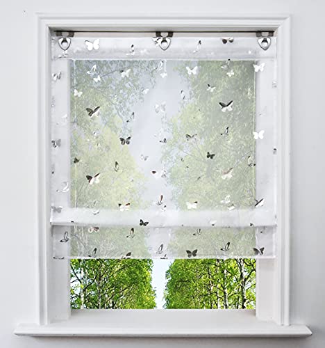 Voile Raffrollo mit Silber Heißprägen Design Raffgardine Transparent Ösenrollo Fenster Vorhang (BxH 120x130cm, Schmetterling) von BAILEY JO