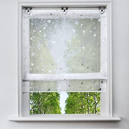Voile Raffrollo mit Silber Heißprägen Design Raffgardine Transparent Ösenrollo Fenster Vorhang (BxH 45x130cm, Kreis) von BAILEY JO