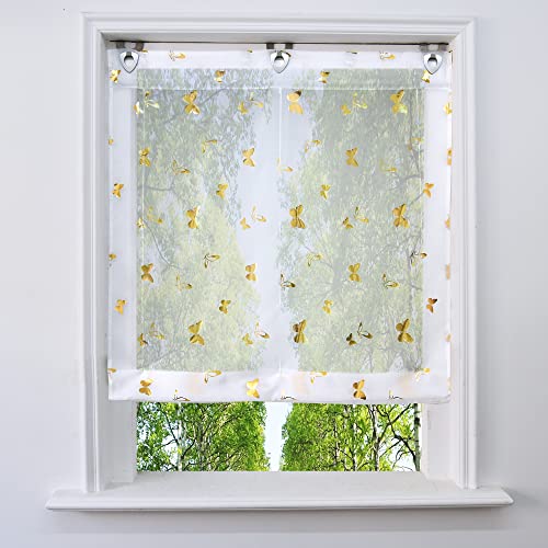 Voile Raffrollo mit Silber Heißprägen Design Raffgardine Transparent Ösenrollo Fenster Vorhang (BxH 80x130cm, Gold Butterfly) von BAILEY JO