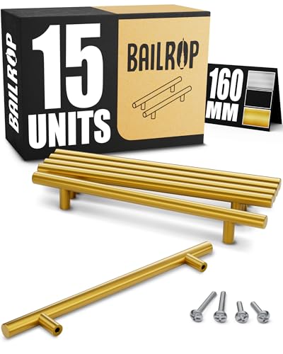 BAILROP Griffe für Küchenschränke Gold, Schrankgriffe 160MM – Küchengriffe, Türgriffe Küche und Möbel-Türen, Schrankgriffe Gold, Möbelgriffe, 15 Stück von BAILROP