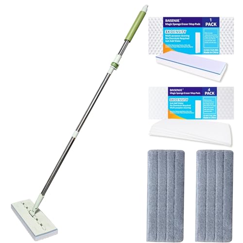 Mops für Bodenreinigung, 152,4 cm, Verstellbarer Wischmoppgriff mit flexiblem 33 cm flachem Kopf mit Mikrofaser-Pad und magischem Schwamm-Radierer, Wischpads Mops für Bodenreinigung, 152,4 cm, Verstellbarer Wischmoppgriff mit flexiblem 33 cm flachem Kopf mit Mikrofaser-Pad und magischem Schwamm-Radierer, Wischpads von BAISENJIE