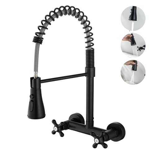 BAITUJIE Wasserhahn Küche Wandmontage Küchenarmatur Wandmontage Schwarz Matt 360° drehbar Mischbatterie Wand Hoch Gebogen Wandarmatur mit 3 Strahlarten von BAITUJIE