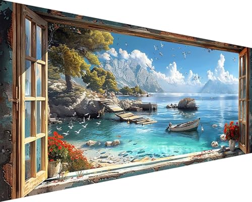 Malen Nach Zahlen Landschaft Malen Nach Zahlen Erwachsene Fensterbank Paint by Numbers Kits mit Pinseln und Acrylfarben Handgemalt Ölgemälde Farbige Leinwand Set, Geschenke für Frauen 50x100cm t3-8N von BAIYAACO