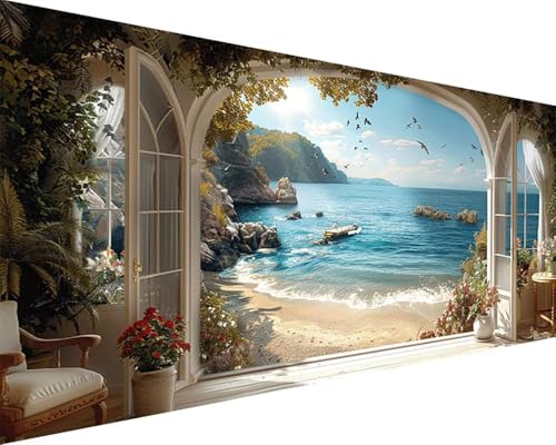 Malen Nach Zahlen Meer Malen Nach Zahlen Erwachsene Strand Paint by Numbers mit 3 Pinseln und Acrylfarben Handgemalt Ölgemälde Farbige Leinwand Set, Geschenke für Frauen, Zimmer Deko 80x160cm i3-21M von BAIYAACO