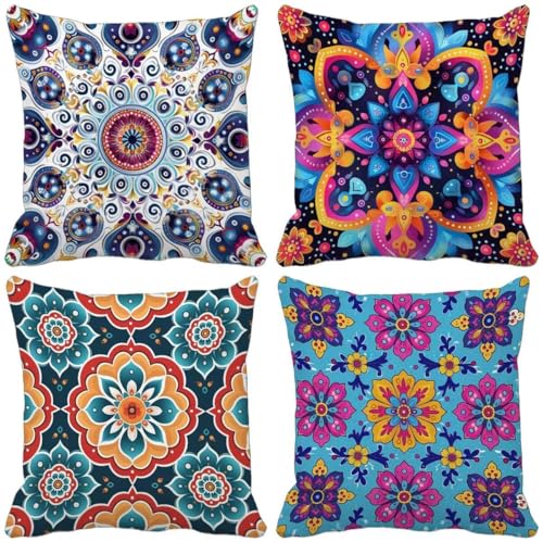 Outdoor Kissen Ethnischer Stil Kissenbezug 70x70 4er Set, Outdoor Kissen Wasserfest Leinen Gartenkissen Bohmen, Quadrat Zierkissenbezüge für Garten Terrasse Wohnzimmer Zimmer Deko Geschenk f72-F von BAIYAACO