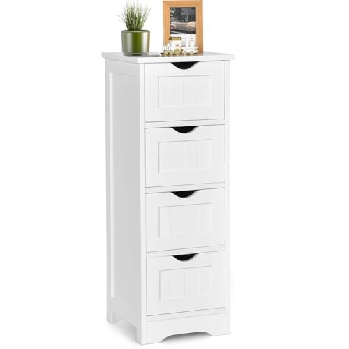 BAKAJI, Weiß, 30 x 30 x 82 cm Badezimmerschrank mit 4 Schubladen mit Ablage aus MDF-Holz, Platte von BAKAJI