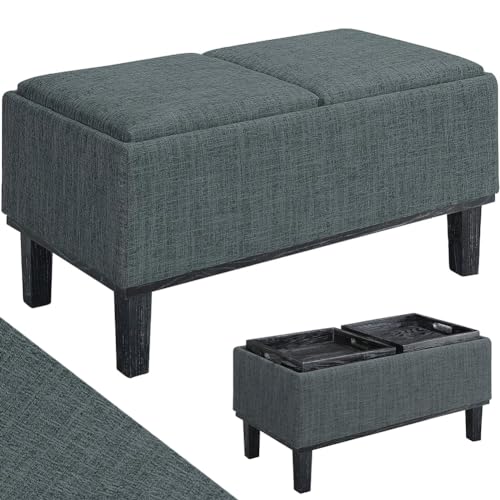 BAKAJI 2-in-1 Sitztruhe mit Kissen, umwandelbar in EIN Serviertablett, Fußhocker mit Bezug aus grauem Leinen und Holzrahmen, ideal für Zuhause und Büro von BAKAJI