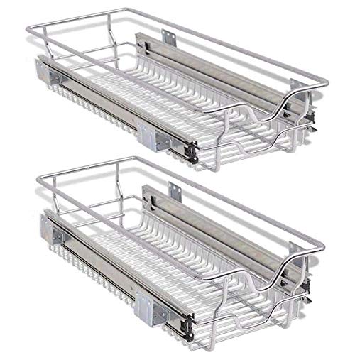 BAKAJI 2er Set Teleskopschublade Küche Möbel Korb Abnehmbare Regal Platzsparend mit Edelstahlschiene, Metall, metallic Silver, 30 cm 2 Pezzi von BAKAJI