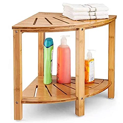 BAKAJI Badezimmer-Eckhocker aus Holz Duschtisch Mehrzweck-Eckregal mit Doppelablage Handtuchhalter Modernes Design Couchtisch 40 x 40 x 43 cm Naturfarbe von BAKAJI