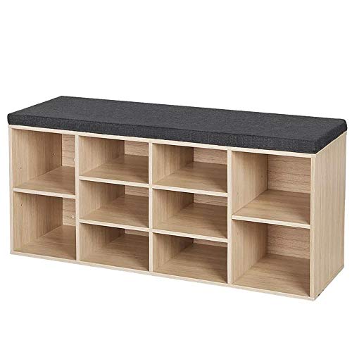 BAKAJI Bank für Schuhregal, Hausschuhe, Mehrzweck, 10 Ablagen aus Holz, Melamin, Bücherregal mit Kissen aus Kunstleder, Größe 104 x 29,5 x 49 cm (Beige) von BAKAJI