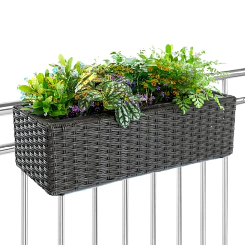 BAKAJI Blumenkasten in Rattan-Optik mit Haken und Ringen für Balkon, Balkonblumentopf und Tisch für Außen und Innen, Ständer 1 Fach UV-beständig 54 x 22 x 17 cm von BAKAJI