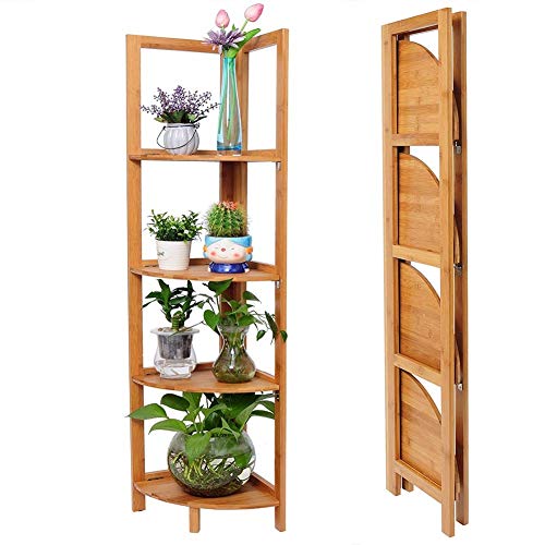 BAKAJI Bücherregal Eckregal klappbar 4 Etagen Bamboo Natural, 27 x 27 x 120 cm von BAKAJI