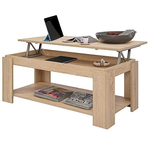 BAKAJI Couchtisch Wohnzimmer mit Erhöhung und Stauraum Tisch Sofa Wohnzimmer Modernes Design aufklappbar aus Melaminholz Größe 100 x 50 x 43 cm (Beige) von BAKAJI