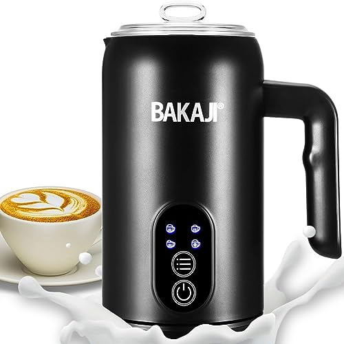 BAKAJI Elektrischer Milchaufschäumer, 4 in 1, automatischer Milchaufschäumer, 350 ml, Milchaufschäumer, leiser Betrieb, ideal für heißen oder kalten Cappuccino, Macchiato, Edelstahl von BAKAJI