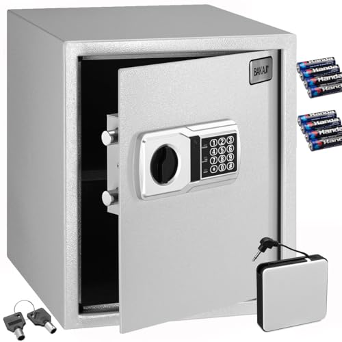 BAKAJI Elektronischer Safe mit externer Batterie, Wertkasten und Einbruchschutz für Zuhause, Hotel, Wandschrank oder freistehend, 40 x 35 x 40 cm (Grau) von BAKAJI