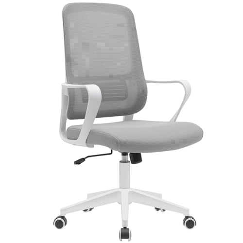 BAKAJI Ergonomischer Schreibtischstuhl mit drehbaren Rollen, Kratzfest, Rückenlehne aus atmungsaktivem Stoff und Lendenwirbelstütze, Bürostuhl mit Höhenverstellung von 98 – 108 cm (Grau und Weiß) von BAKAJI