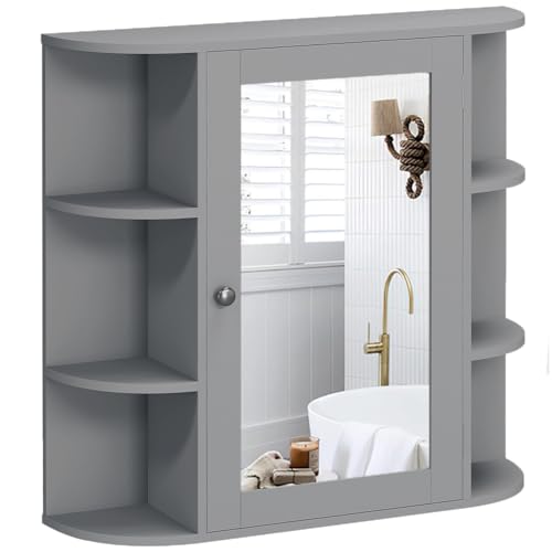 BAKAJI Hängender Badezimmerschrank aus Steinlinie mit Spiegel zur Wandmontage, Holzwerkstoff, grau, Standard von BAKAJI