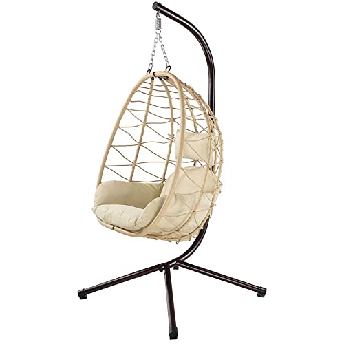 BAKAJI Hängesessel für den Garten, Schaukelstuhl, Hängematte für Indoor Outdoor, Gestell aus Metall, Nest aus Rattan und Seil + gepolstertes Sitzkissen und Kopfstütze, 198 x 110 x 95 cm (Beige) von BAKAJI