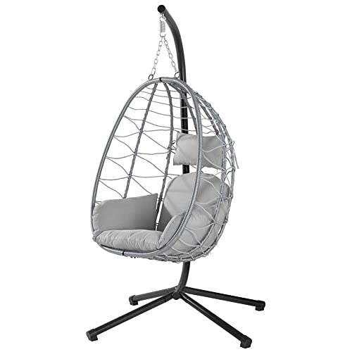 BAKAJI Hängesessel für den Garten, Schaukelstuhl, Hängematte für den Außenbereich, Gestell aus Metall, Nest aus Rattan und Seil + gepolstertes Sitzkissen und Kopfstütze, 198 x 110 x 95 cm (Grau) von BAKAJI