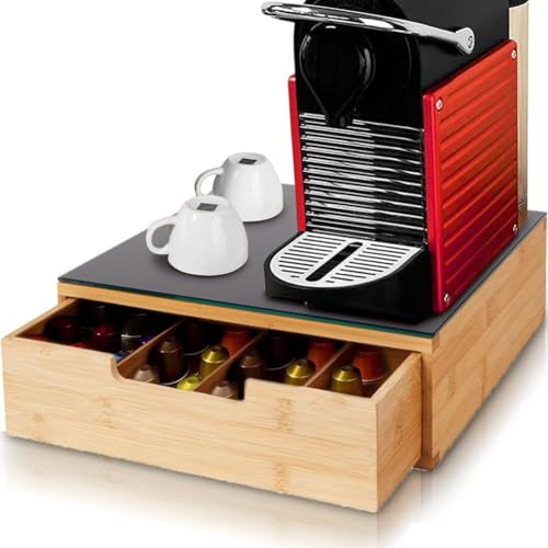 BAKAJI Kapselhalter mit Schublade für Kapseln Nescpresso Dolcegusto Modomio Caffe Lavazza Teebeutel Zucker aus Bambusholz (31,5 x 30 x 10 cm) von BAKAJI