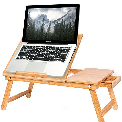 BAKAJI Laptoptisch aus Bambus HBT: 24 x 55 x 33 cm Beistelltisch mit praktischem Fach für Stifte oder Notizen Verstellbarer Computertisch als Knietisch und Betttisch Notebooktisch aus Holz, Natur von BAKAJI