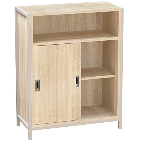 BAKAJI Modernes Bücherregal, 2 Schiebetüren und 3 Regalböden, Natur, Holzwerkstoff, Naturfarben, Standard von BAKAJI